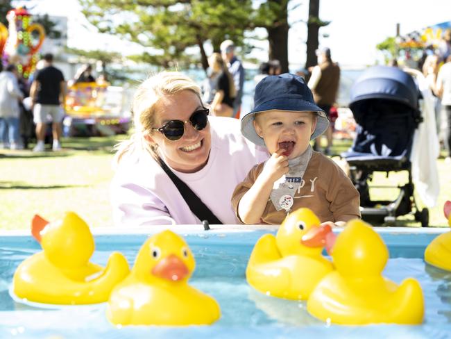 Sharlene Mcwhinnie and Jaxsin Mcwhinnie, 15 months, at CronullaFest at Cronulla on the 09/09/2023. Picture: Daily Telegraph/ Monique Harmer