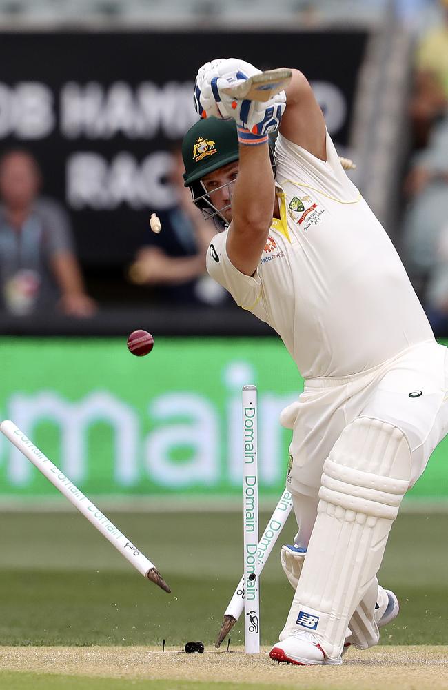 Aaron Finch is bowled in the first over of the day. Picture: Sarah Reed