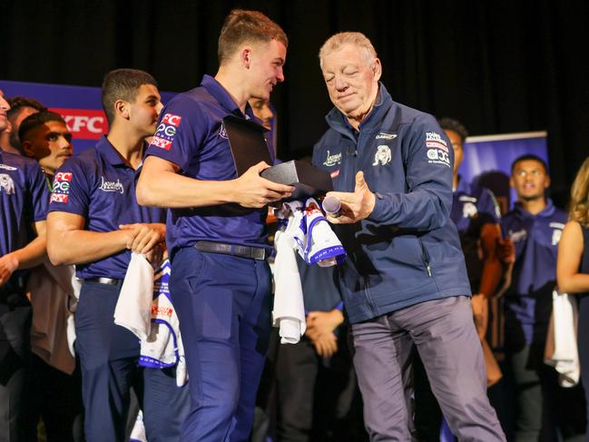 Canterbury Bulldogs Harold Matthews Cup Player of the Year Mitchell Woods with Phil Gould. Picture: Hattie Ryan