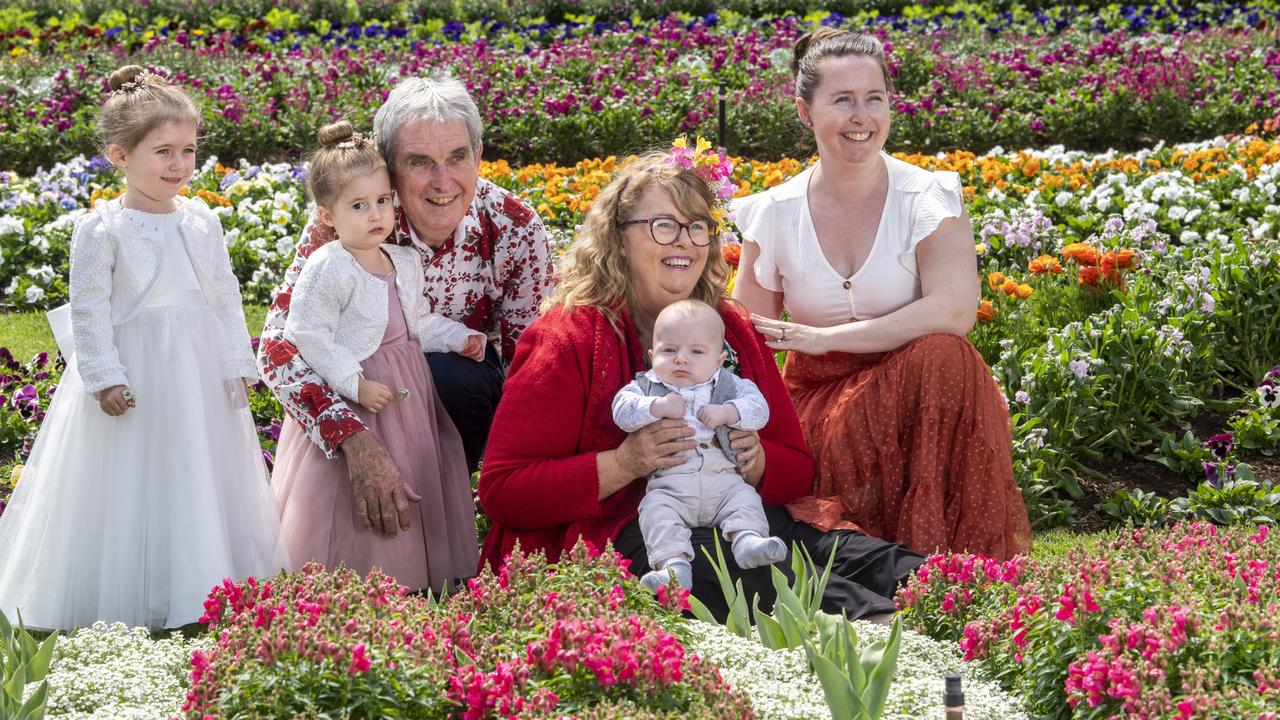 Amelia Oliveri, Everlyn Oliveri, Paul Hodgkinson, Helen Hodgkinson, Fletcher Oliveri and Elizabeth Oliveri have returned to Toowoomba for the Carnival of Flowers after making the pilgrimage as a family for 40 years. Picture: Nev Madsen