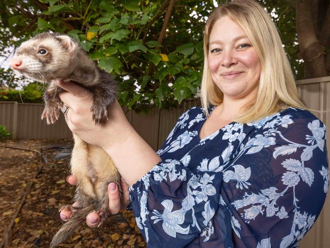 Former ferret breeder Sammy Johnston with her pets at her home in Elizabeth North SA. Pictured on June 15 2024. Picture: Ben Clark