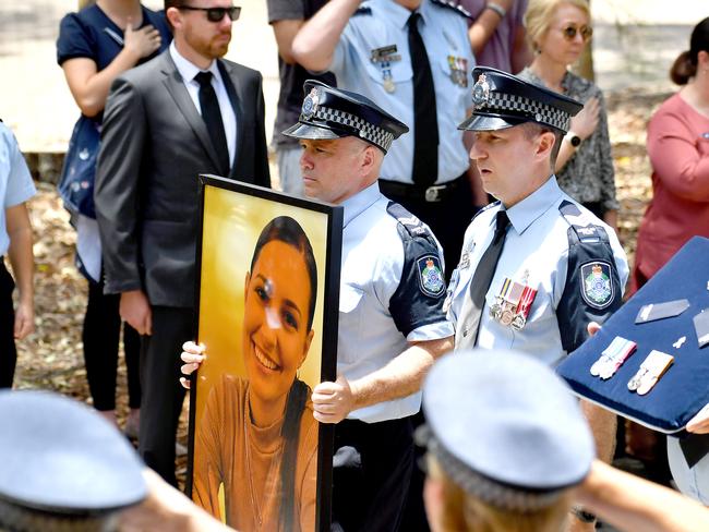 Mourners at the memorial service with full police honours for constables Rachel McCrow and Matthew Arnold at Brisbane Entertainment Centre. Picture: John Gass/NCA NewsWire