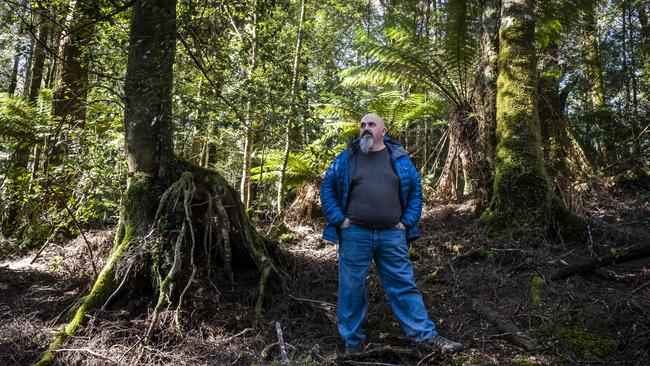 Bob Brown Foundation's Tarkine Campaigner Scott Jordan in Temperate rainforest near the Riley Creek proposed mine site on Tasmania's West Coast.