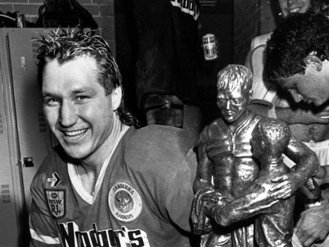 Balmain Tigers vs Canberra Raiders, player Steve Jackson after the grand final 1989 with Winfield Cup trophy.. sport rugby league