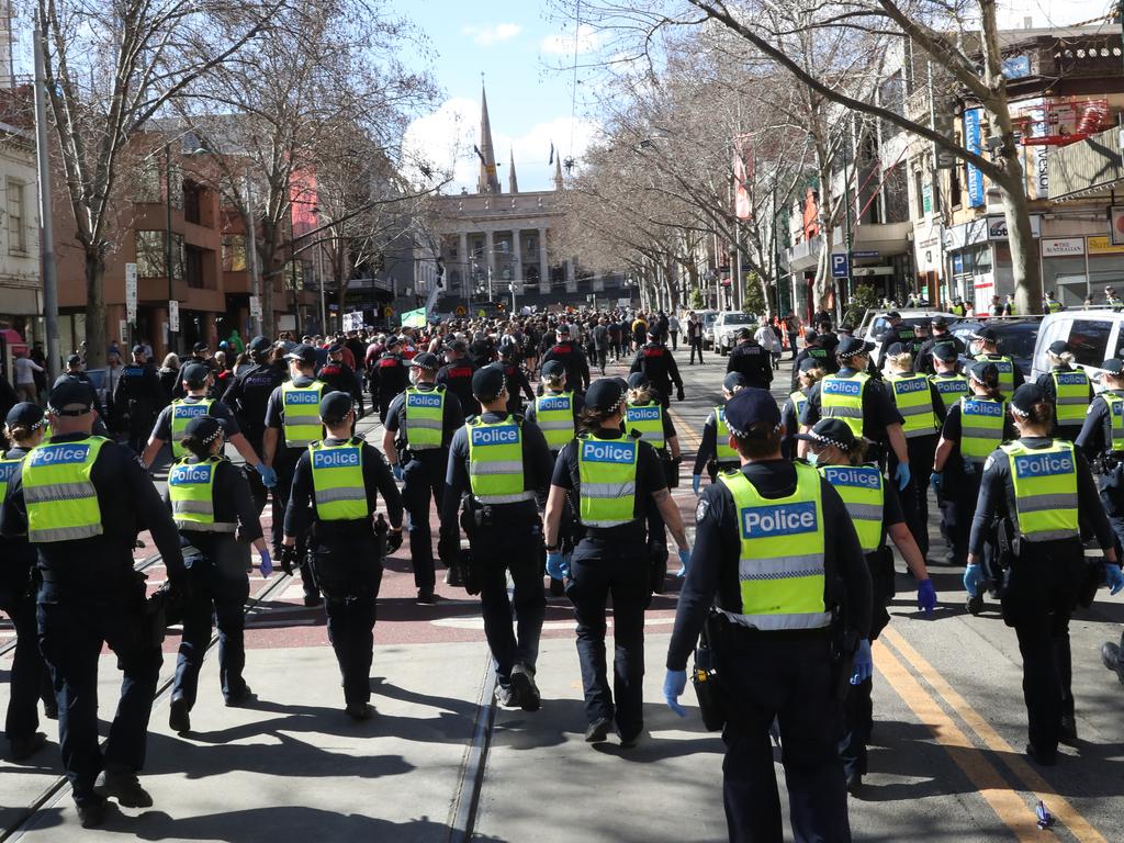 There’s was a heavy police presence at the protest in Melbourne. Picture: David Crosling