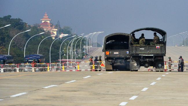 A blocked road in Naypyidaw on Tuesday. Picture: AFP