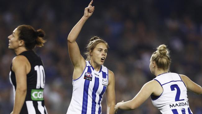 Jasmine Garner celebrates a goal for North Melbourne. Picture: Getty Images