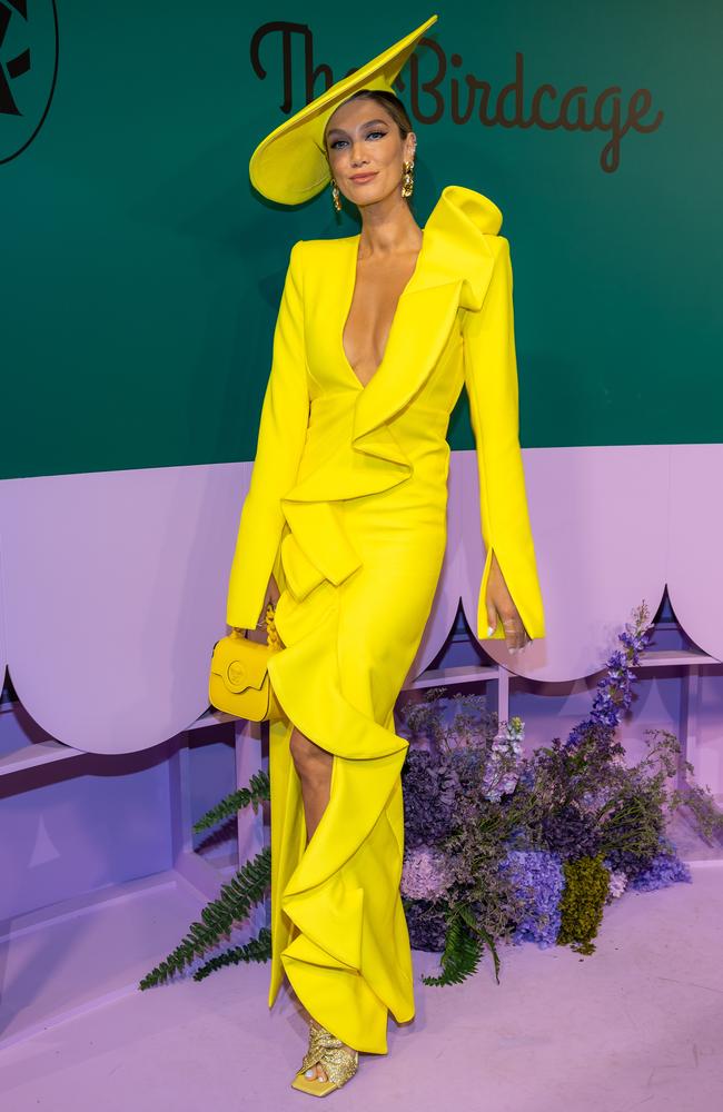 Delta Goodrem as she arrived at The Birdcage at the 2023 Melbourne Cup. Picture: Jason Edwards