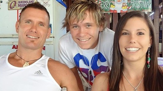 Isaiah Baxter, 22, (centre) the son of killer dad Rowan Baxter (left) with his stepmother Hannah whom his father murdered along with their three kids.