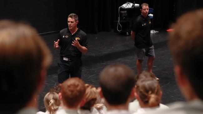 Brad Fittler and Greg Alexander speaking to the kids of St. John’s College to talk road safety. Picture: Danielle Smith