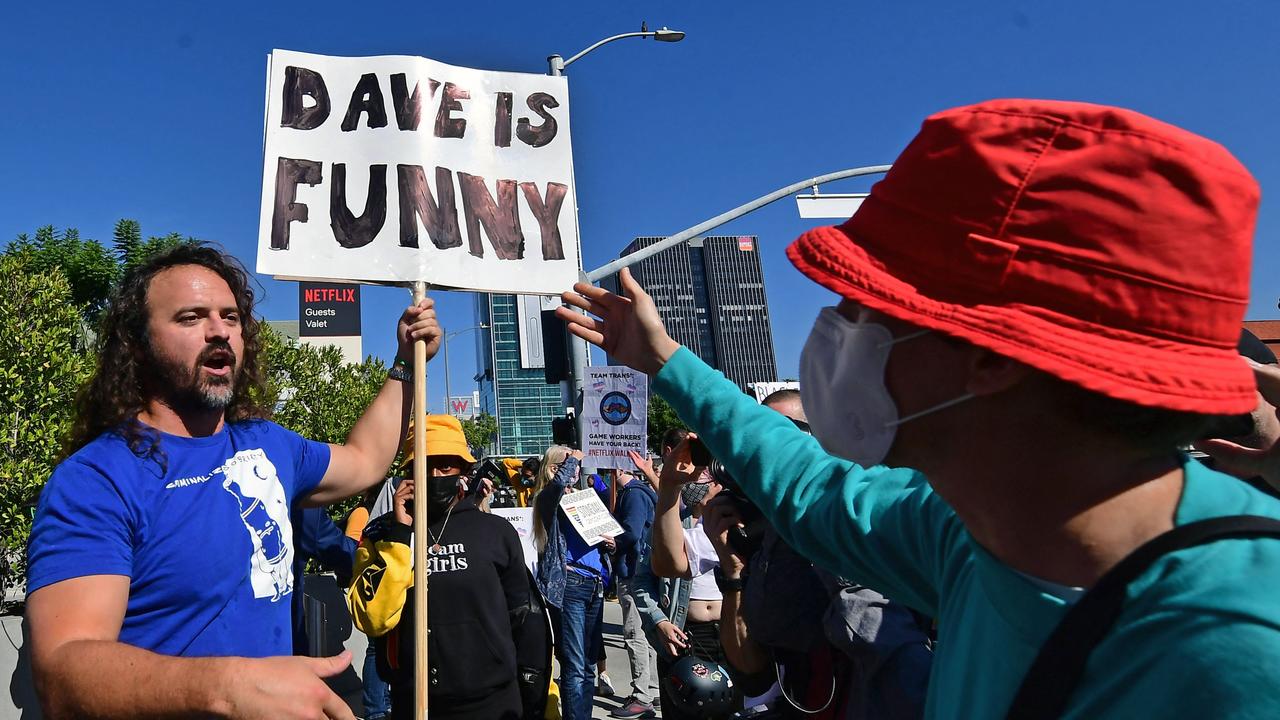 Counter-protesters clashed with pro-trans protesters outside Netflix’s LA headquarters. (Photo by Frederic J. BROWN / AFP)