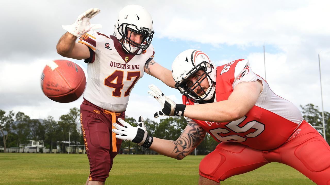 Townsville Cyclones players Ryan Worsley and Leon Suckling ahead of the 2024 Regional Queensland American Football season. Picture: Shae Beplate.