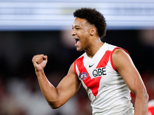 MELBOURNE, AUSTRALIA - AUG 16: Joel Amartey of the Swans celebrates a goal during the 2024 AFL Round 23 match between Essendon Bombers and the Sydney Swans at Marvel Stadium on August 16, 2024 in Melbourne, Australia. (Photo by Dylan Burns/AFL Photos via Getty Images)