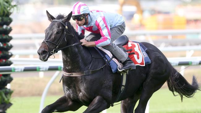 Jockey Michael Cahill rides the Ciaron Maher-trained Azkadellia to an easy victory in a trial on the redeveloped track at Eagle Farm. Picture: Jono Searle