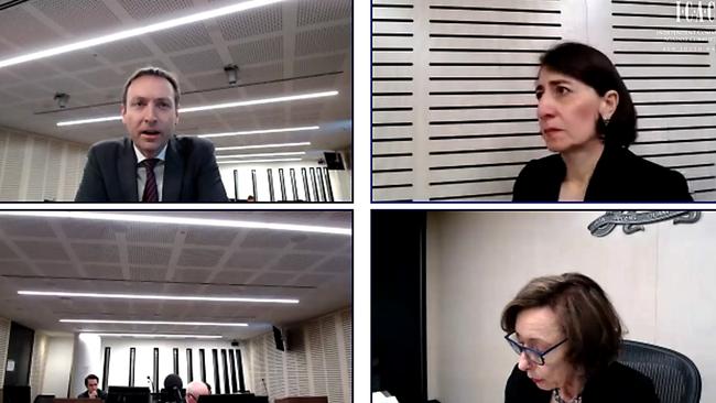 Gladys Berejiklian, top right, judge Ruth McColl SC, bottom right and counsel assisting the commission, Scott Robertson, top left, during the ICAC hearing.