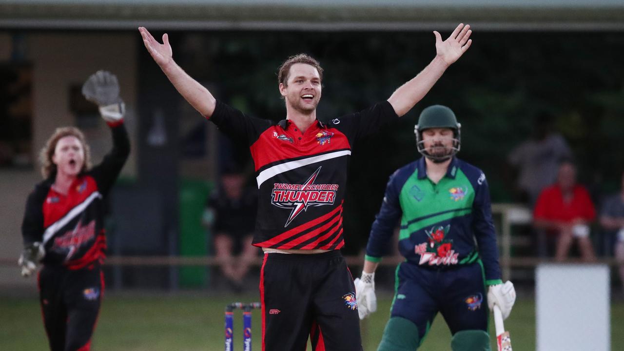 Thunder bowler Wade Matthews and wicketkeeper Ben Shrimpton appeal to the umpire for the wicket of Josh Chadwick in the T20 Barrier Reef Big Bash match between the Twomey Schriber Thunder and the Designer First Homes Dare Devils, held at Griffiths Park, Manunda. Picture: Brendan Radke