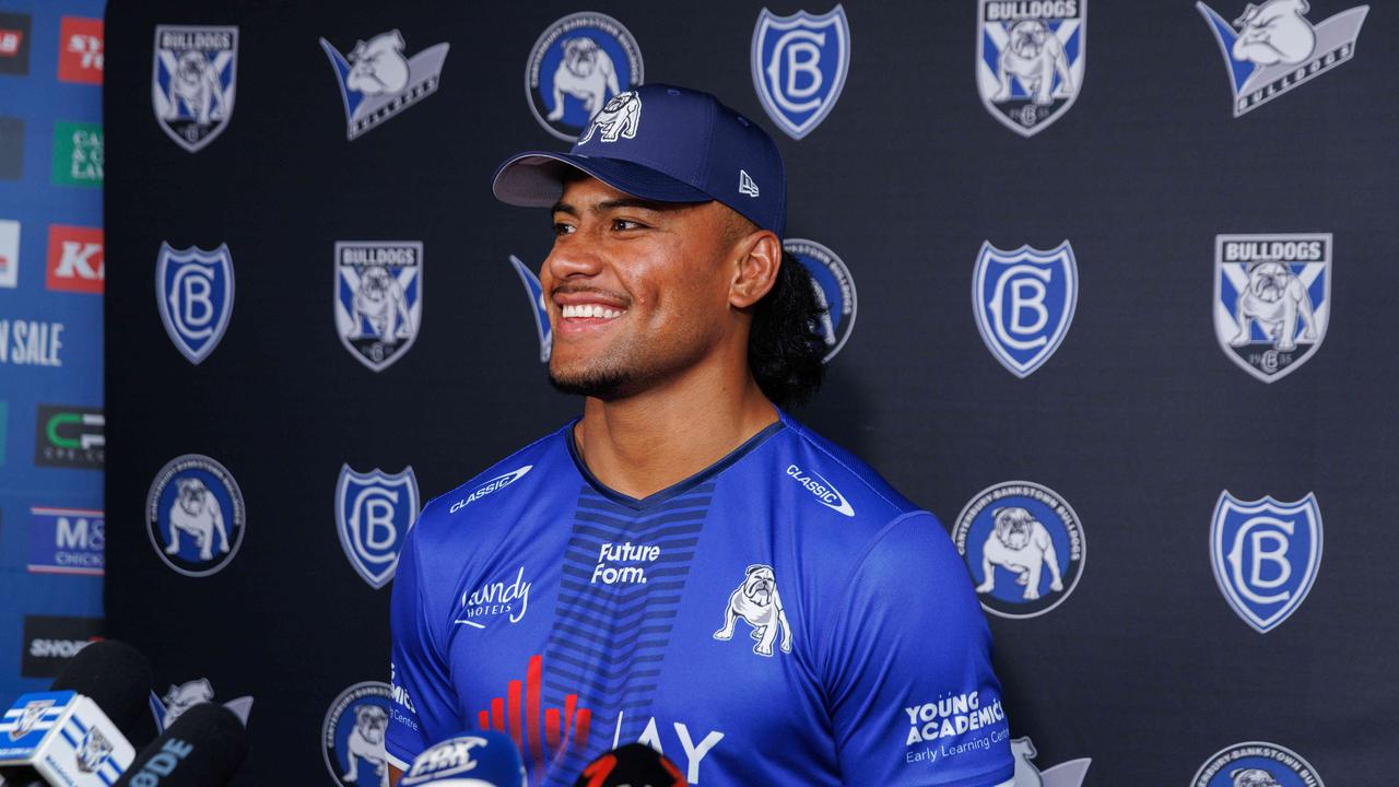 NRL star Stephen Crichton fronts the media in his Bulldogs jersey. Picture: David Swift.