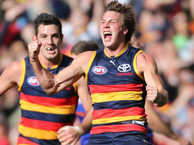 Brodie Martin celebrates kicking a goal during his days with the Adelaide Crows. Picture: Calum Robertson