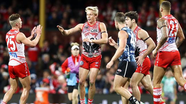 Isaac Heeney celebrates a goal for the Swans. Picture: Getty Images