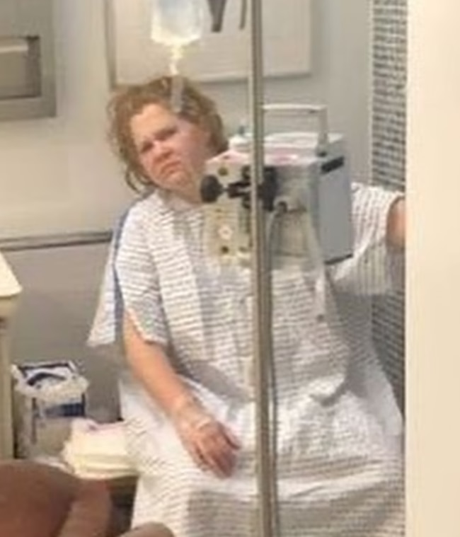 Amy Schumer shared a picture of herself in hospital looking dishevelled in a hospital gown. Picture: Instagram.