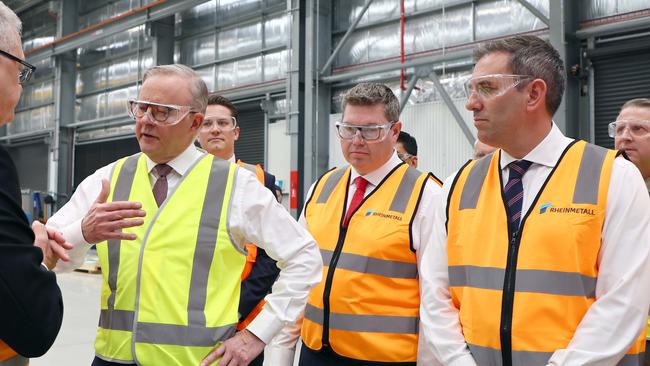 Prime Minister Anthony Albanese, Minister for Defence Industry Pat Conroy and Treasurer Jim Chalmers during a visit to the Rheinmetall factory in Ipswich. Picture: NCA NewsWire/Tertius Pickard