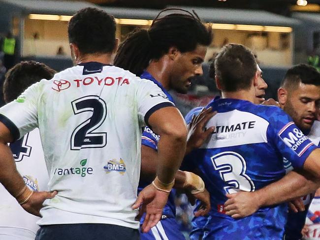 SYDNEY, AUSTRALIA - APRIL 26: Josh Jackson of the Bulldogs celebrates with team mates after scoring a try during the round 7 NRL match between the Canterbury Bulldogs and the North Queensland Cowboys at ANZ Stadium on April 26, 2019 in Sydney, Australia. (Photo by Matt King/Getty Images)