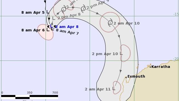 Forecast map from the Bureau of Meteorology set to come close to the WA coast. Picture: BOM