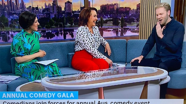 Mark Humphries plugging his The War on 2023 show on ABC TV News Breakfast to admiring presenters Emma Rebellato (left) and Lisa Millar (right).