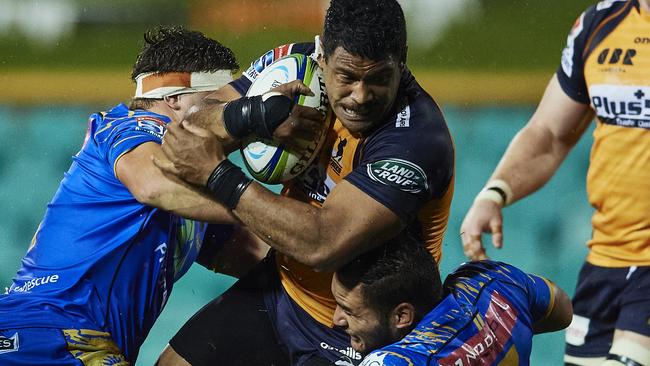 SYDNEY, AUSTRALIA - JULY 25: Scott Sio of the Brumbies is tackled during the round 4 Super Rugby AU match between the Western Force and the Brumbies at Leichhardt Oval on July 25, 2020 in Sydney, Australia. (Photo by Brett Hemmings/Getty Images)