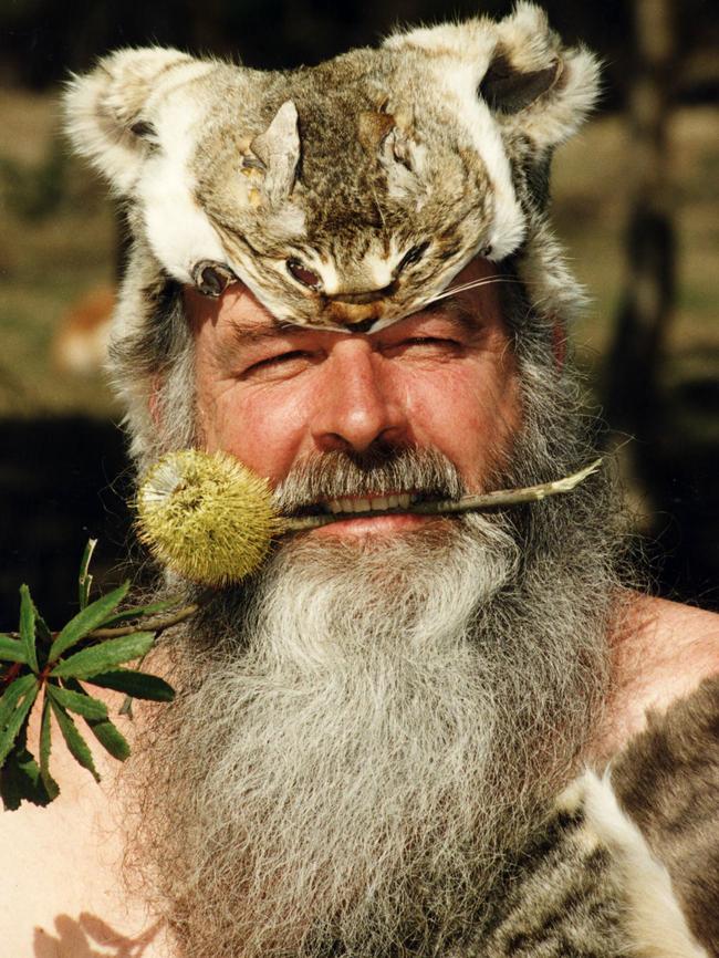 Dr John Wamsley wearing hat made from feral cat skin in 1993.