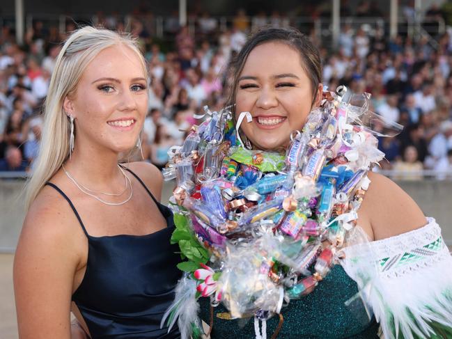 Erin Carr and Tegan Te Amo at the Southport State High School Formal at SeaWorld. Picture, Portia Large.
