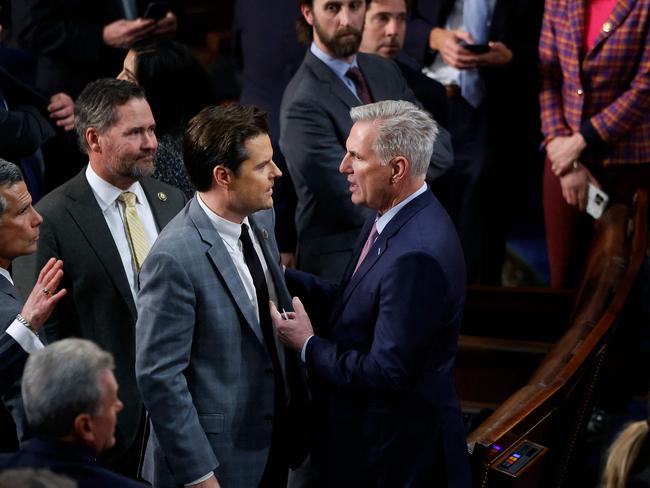 Matt Gaetz and Kevin McCarthy face off in the house. Picture: AFP