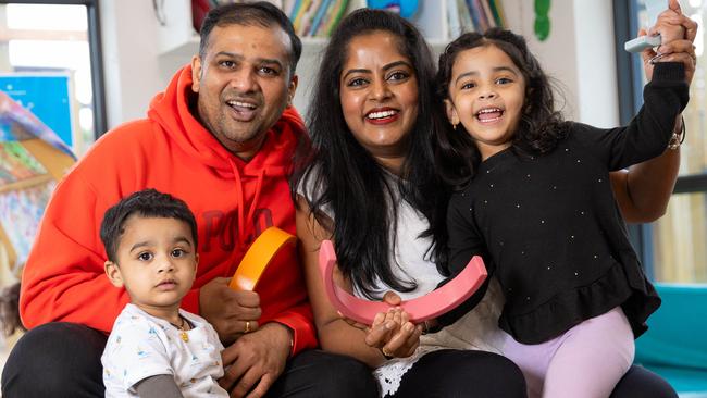 Tarneit childcare centre for a weekend story on child care wait lists. Parents Jyotsna and Karthik with their children loukya 3 and Vedaansh 18 months at Milestones Early Learning Tarneit. Picture: Jason Edwards