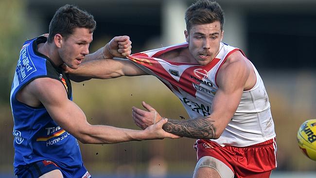 East Perth's Jack Redden tries to stop South Fremantle's Steven Verrier from getting the ball. Picture: Daniel Wilkins