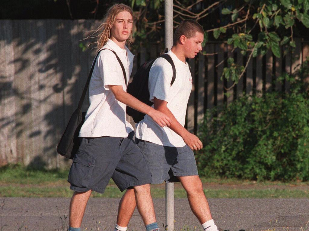March, 1997: Daniel Johns (left) on his way to school with Chris Joannou.