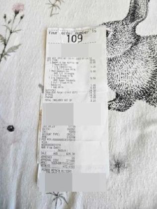 The receipt for Christine's order showing a babycino. Picture: Supplied