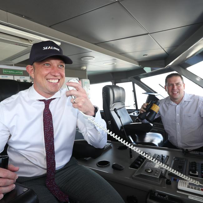 Deputy Premier Steven Miles and ALP candidate for Flynn, Matt Burnett driving a SeaLink Ferry in Gladstone. Picture: Annette Dew