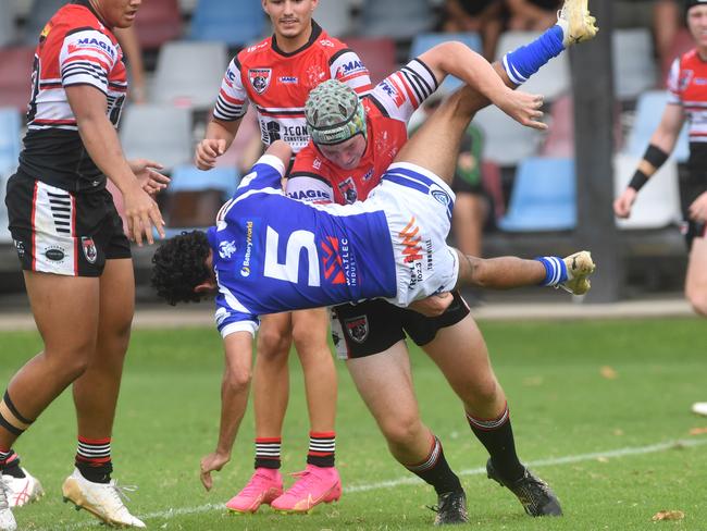 Kirwan High against Ignatius Park College in the Northern Schoolboys Under-18s trials at Brothers Rugby League Club in Townsville. Iggy number 5 Mason Saltner and Kirwan number 13 Diesel Taylor. Picture: Evan Morgan