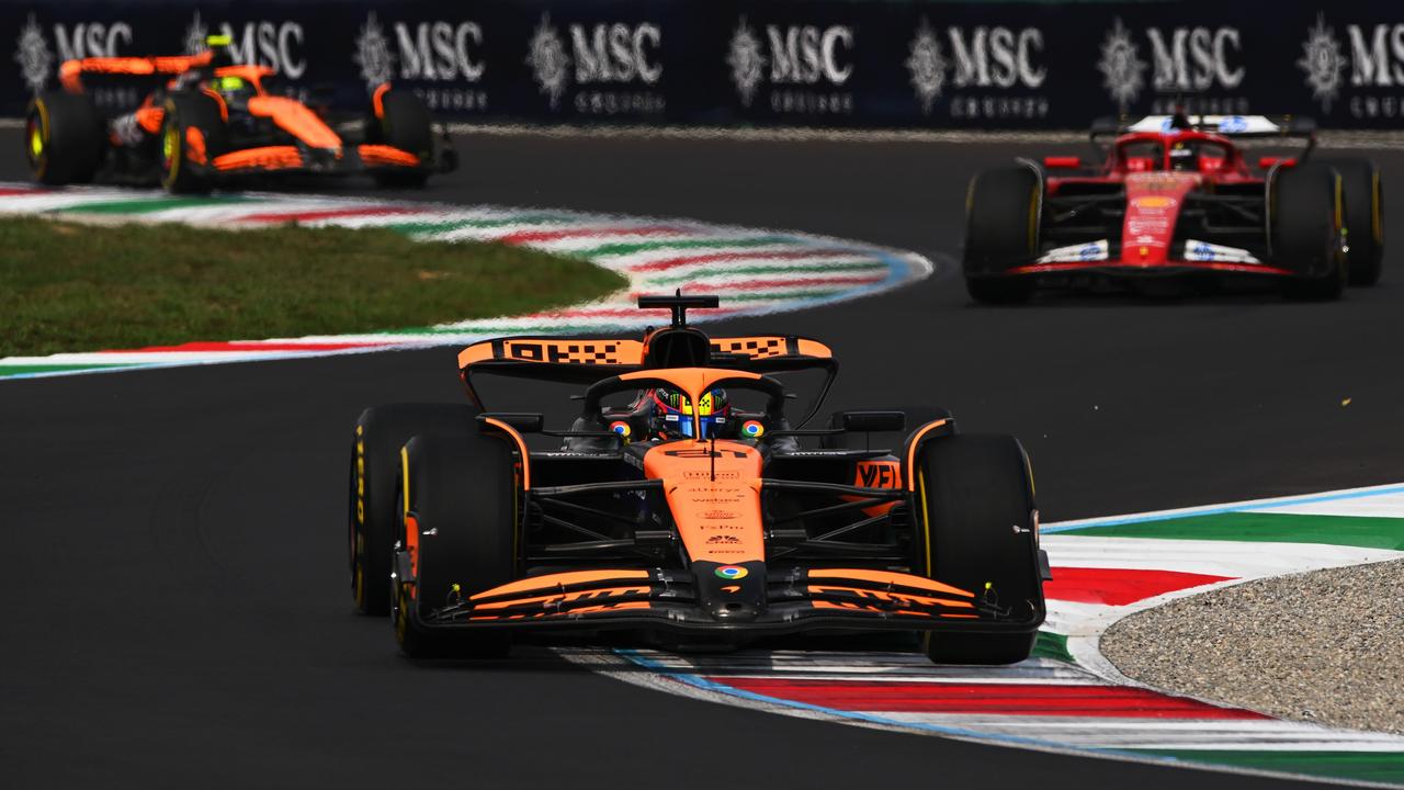 Oscar first, Leclerc second and Norris third after the move. Photo by Rudy Carezzevoli/Getty Images