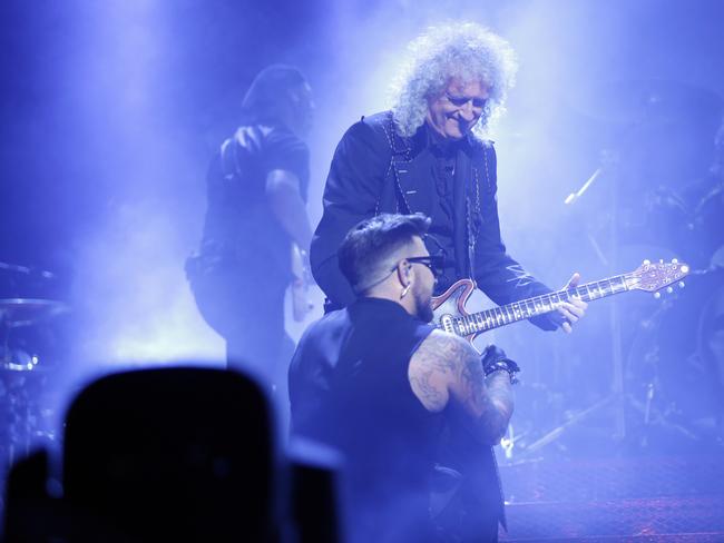 Brian May and Adam Lambert on stage in Sydney. Picture: Christian Gilles