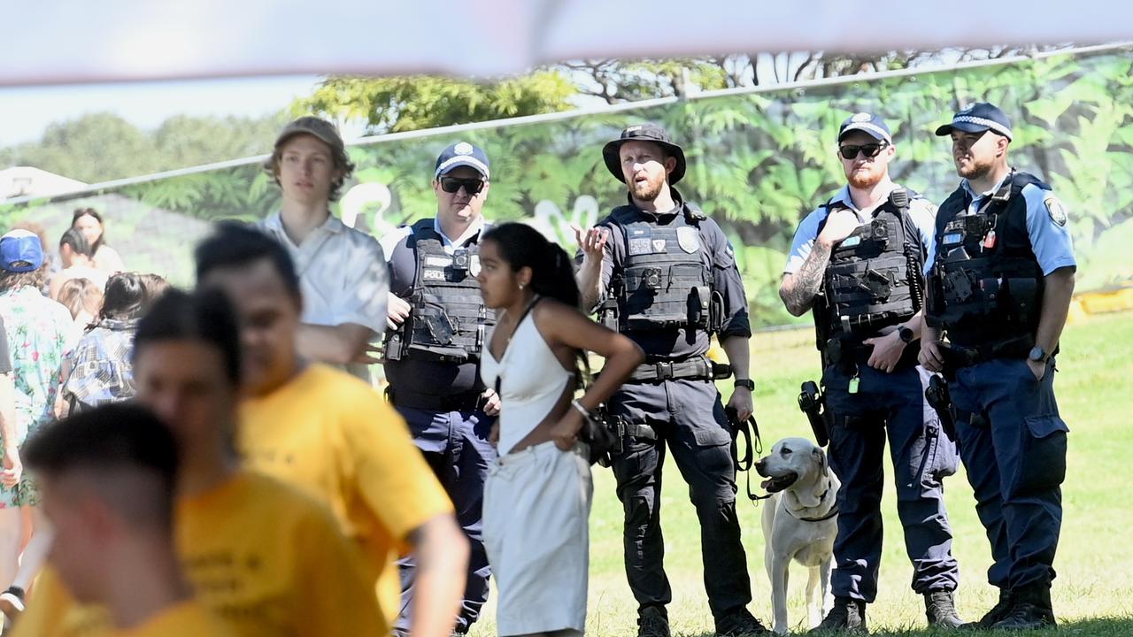 A heavy police presence including police dogs welcomed the crowds at Listen Out festival in Sydney. Picture: NCA NewsWire / Jeremy Piper