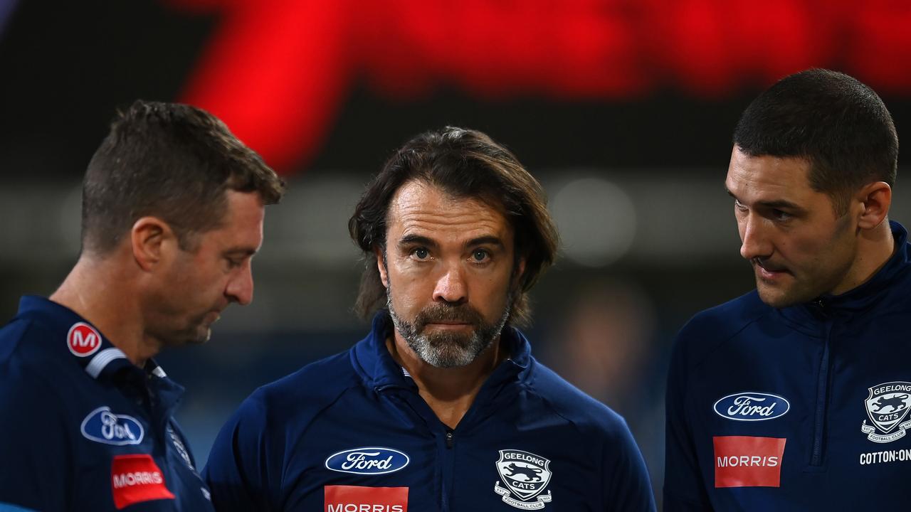 Chris Scott has re-signed as Cats senior coach through until 2024 but will be searching for a senior assistant after Shaun Grigg (right) departed for the Gold Coast. Picture: Albert Perez/AFL Photos via Getty Images