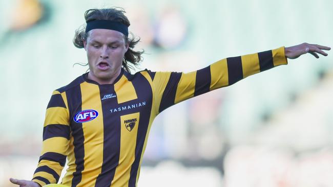 LAUNCESTON, AUSTRALIA - MARCH 02: Jack Ginnivan of the Hawks in action during the 2024 AFL Community Series match between Hawthorn Hawks and Western Bulldogs at University of Tasmania Stadium on March 02, 2024 in Launceston, Australia. (Photo by Simon Sturzaker/Getty Images)