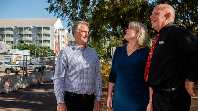 Infrastructure Minister Joel Bowden, Chief Minister Eva Lawler and Charles Darwin University Vice-Chancellor Scott Bowman announce an initial agreement to build student accommodation in the Darwin CBD. Picture: Pema Tamang Pakhrin