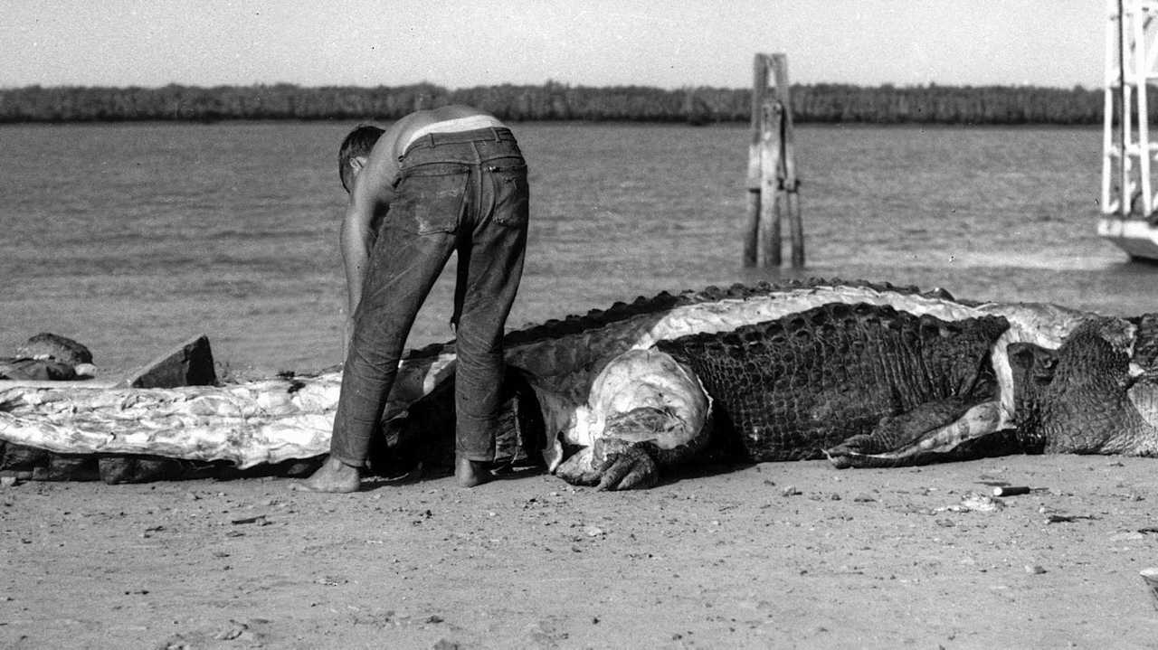 A hunter skins a 4.8m croc shot at Port Alma in 1963. Picture: Contributed