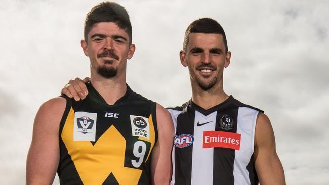 MELBOURNE, AUSTRALIA - APRIL 23: Ryan Pendlebury of Werribee and Scott Pendlebury of Collingwood pose for a photo during a Kayo Sports Grassroots PR Opportunity at Williamstown FC on April 23, 2021 in Melbourne, Australia. (Photo by Darrian Traynor/Getty Images for Kayo Sports)