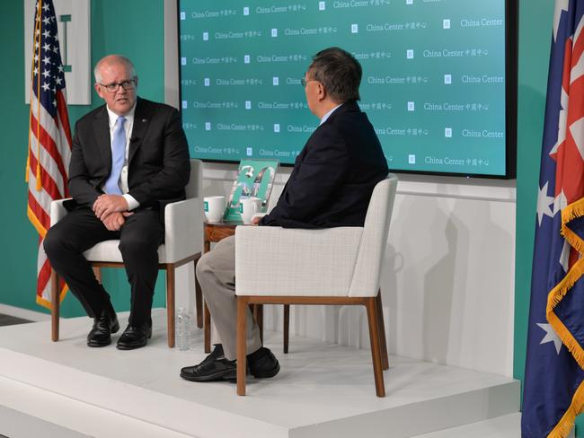 Scott Morrison speaking with the Hudson Institute’s China Center director Miles Yu. Picture: Twitter