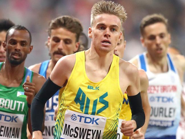 DOHA, QATAR - OCTOBER 03: Stewart Mcsweyn of Australia and others compete in the Men's 1500 Metres heats during day seven of 17th IAAF World Athletics Championships Doha 2019 at Khalifa International Stadium on October 03, 2019 in Doha, Qatar. (Photo by Michael Steele/Getty Images)