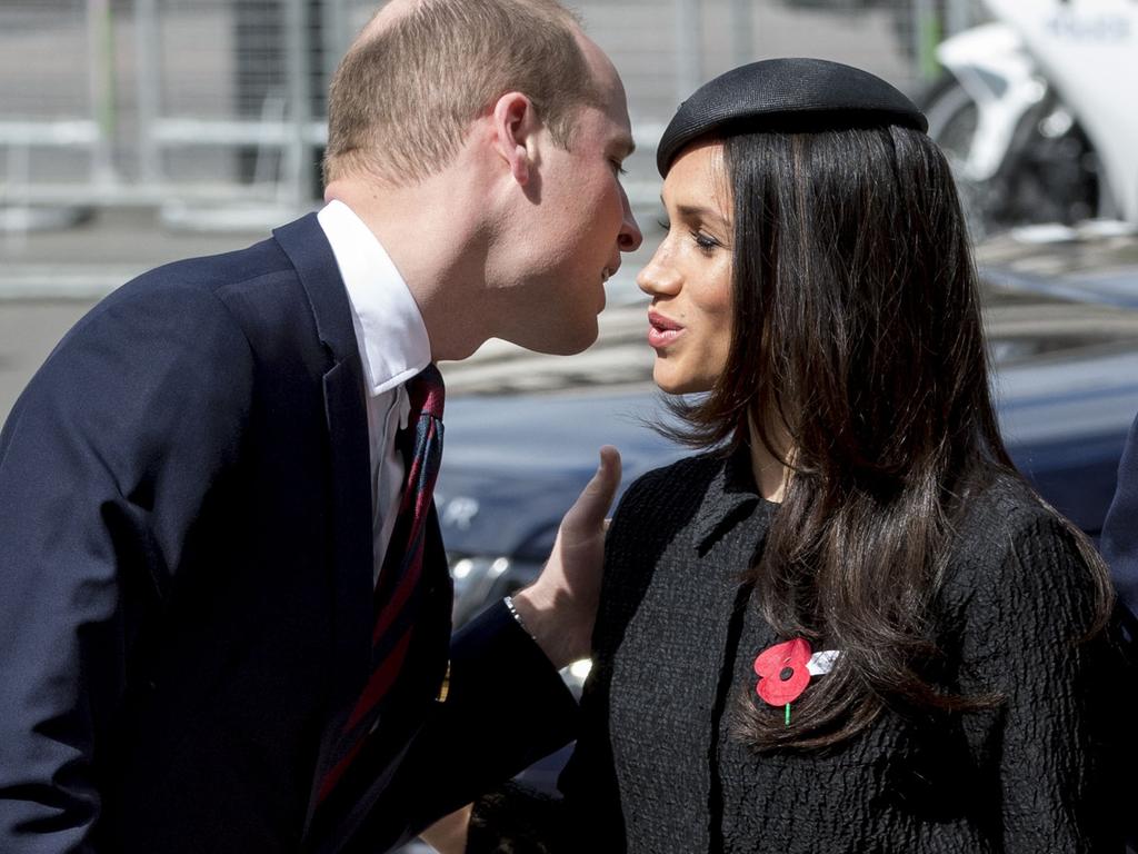 Prince William greets Meghan Markle in 2018. Picture: Mark Cuthbert/UK Press via Getty Images