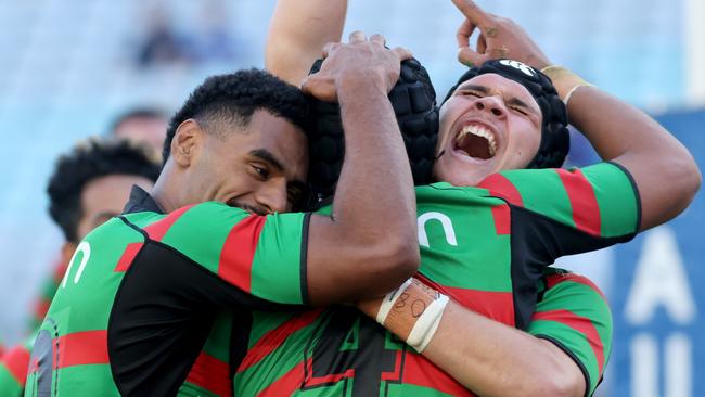 Rabbitohs players celebrate after a try against Canterbury. Picture: Damian Shaw